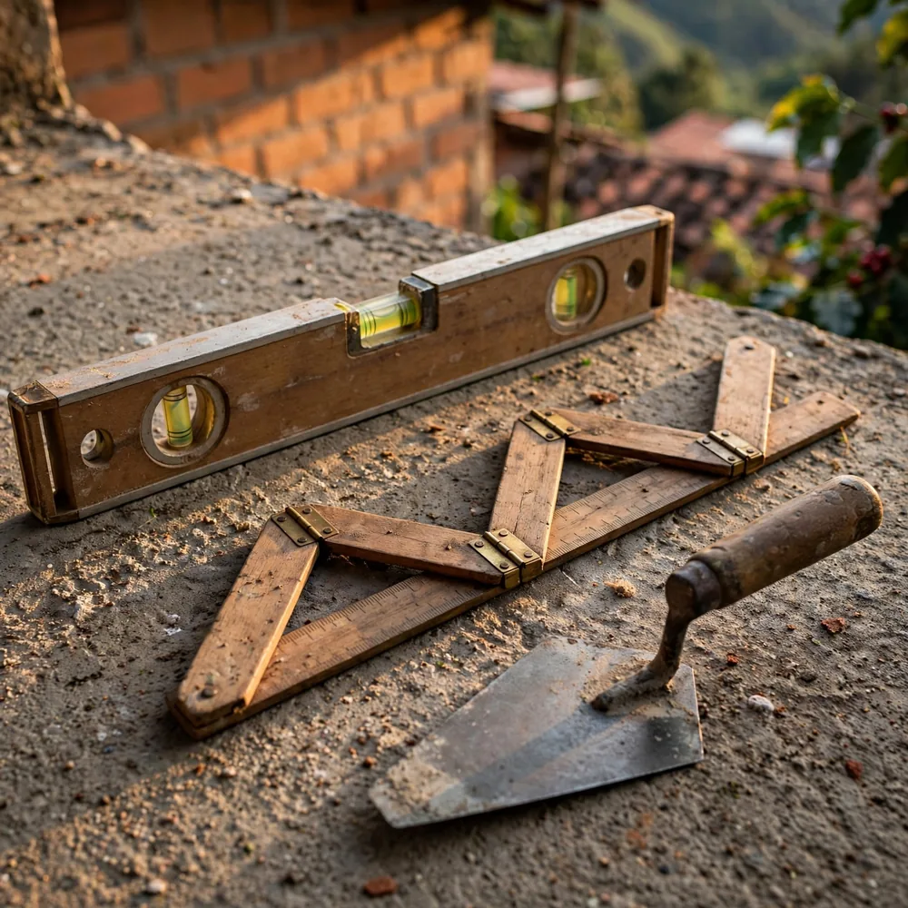 A level, a ruler and a trowel